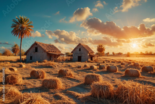 Rustic farm at sunset