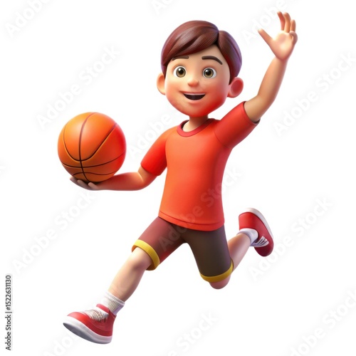 Happy cartoon boy playing basketball jumping