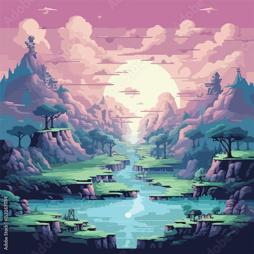 Detailed Pixelated Landscape Vector for Video Games and Scenery Designs