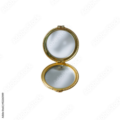 Elegant gold compact mirror with two reflective surfaces, perfect for personal grooming and decorative purposes on a clean background.