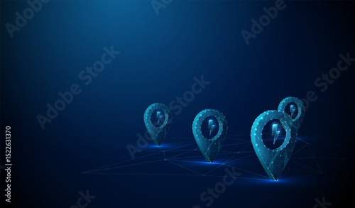 Pin icons with lightning symbols on city map. Electric vehicle charging, sustainable transport, smart city, green energy concept