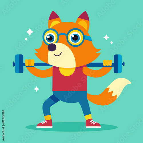 Fox cartoon character is lifting weights, promoting fitness in a vector design illustration