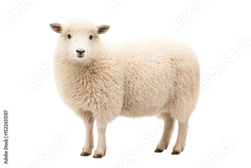 Fluffy white sheep standing against white background, cut out