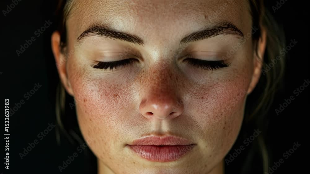 A close-up portrait of a woman's face, highlighting her distinctive fair complexion and freckles.