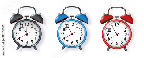 Black alarm clock on white background. Morning, reminder. Vector metal vintage ringing alarm clock on bright white background. Vector