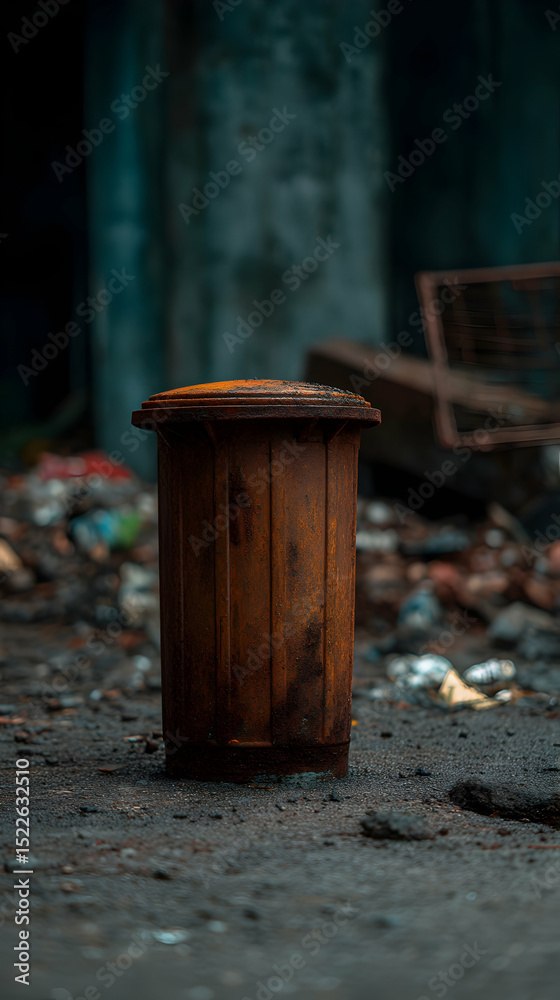 Fototapeta premium Wooden trash bin stands alone amidst urban debris highlighting environmental concerns and neglect in a forgotten alleyway in the city at dusk