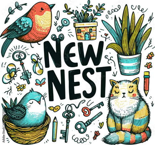 Colorful illustration of birds, plants, and a cat around text New Nest  