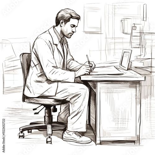 Professional Male Doctor Sitting at Desk Working in Hospital Sketch Illustration