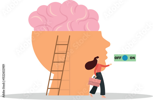 Turn on brain to think, creativity, thought or concentration, smart thinking or emotional intelligence, mindset, wisdom and knowledge concept.flat character life .
