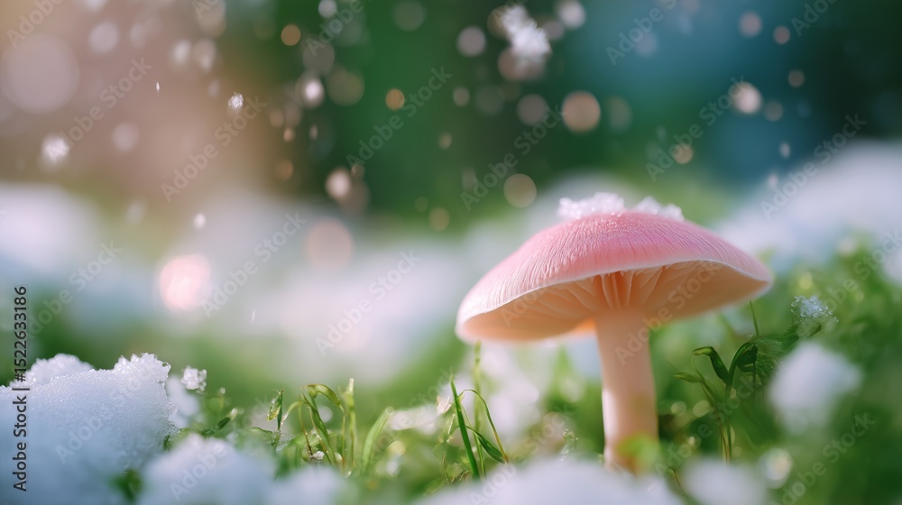 Fototapeta premium Pink mushroom emerging through snow-covered grass on a winter day in a tranquil forest setting