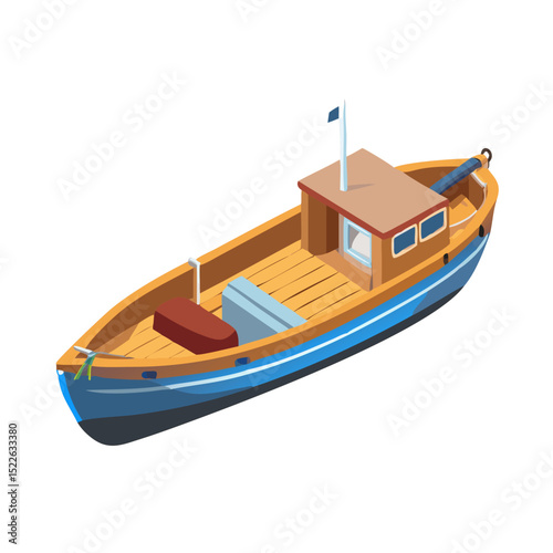 Vector illustration of a wooden fishing boat, isolated on white background.