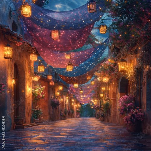 Lanterns and flowers decorating a street.