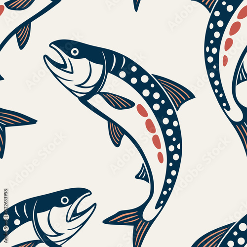 Seamless vector pattern with jumping trout fish. Aquatic animal background for fabric design or marine themed graphic element