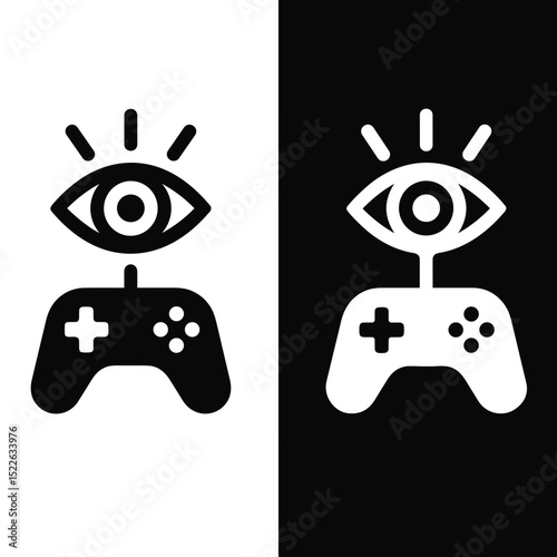 Eye and gamepad icons in black and white contrasting design for gaming