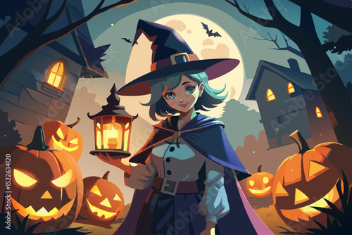 Woman witch with lantern and jack o lantern pumpkins in halloween night. Spooky vector art style for halloween greeting card design