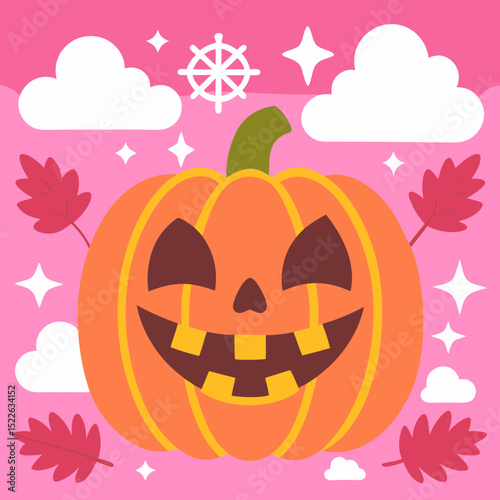 Happy Halloween jack o lantern carving illustration. Festive spooky pumpkin smiling with autumn leaves and clouds. Vector art for holiday
