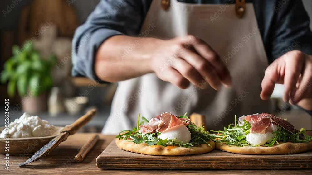 A chef's hands delicately placing prosciutto on a freshly baked flatbread topped with arugula and burrata, in a cozy kitchen setting.