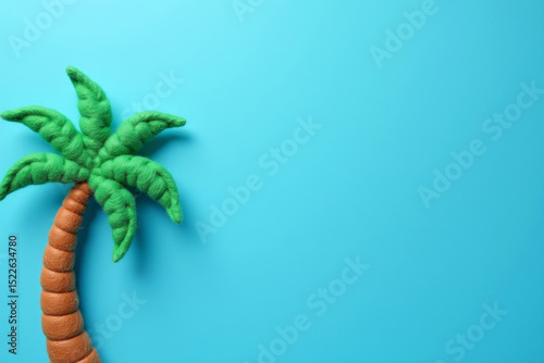 Palm tree made from felt on blue background. Vacation and travel concept. AI