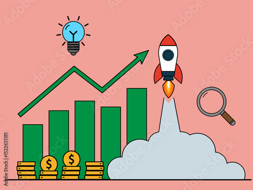 Business growth concept with rocket launch and rising graph showing success