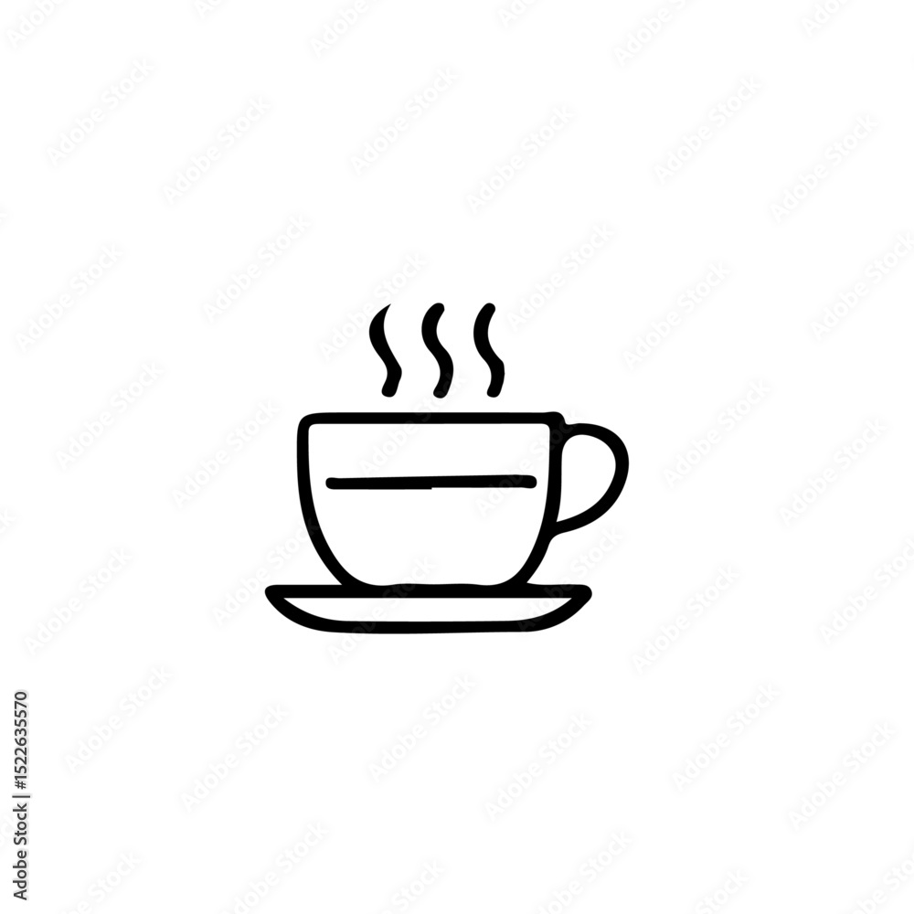 A simple line drawing of a steaming coffee cup with saucer on a white background A simple line drawing of a steaming coffee cup with saucer on a white background