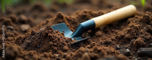 Wallpaper Mural A sturdy, metal land shovel with a wooden handle, lying in freshly tilled soil, ready for gardening or landscaping tasks Perfect for spring planting or fall cleanup projects , construction, durable Torontodigital.ca