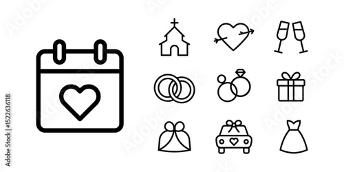Wedding set icon. Calendar, church, rings, champagne, gift, dress and wedding car vector illustration. Celebration, ceremony marriage elements symbol. Romantic occasion pictogram.