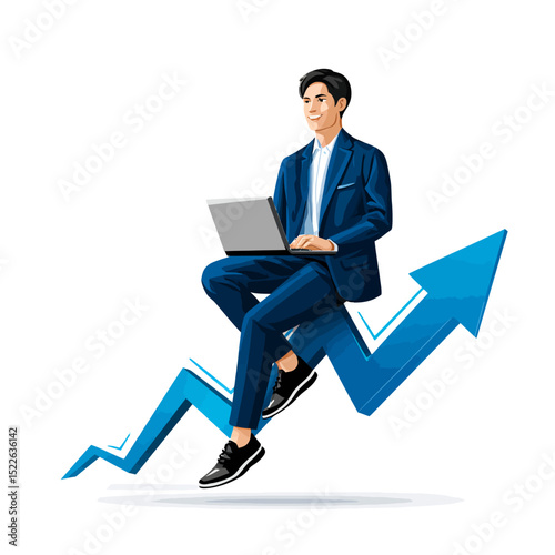 Businessman using and running with laptop in professional office setting