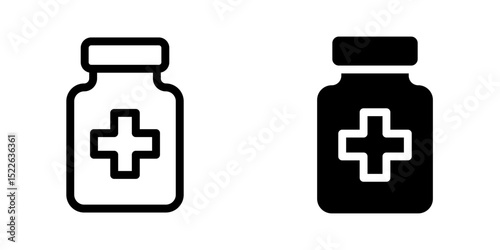 Medicine icon. Medical bottle with cross symbol sign. Healthcare container for pills, treatment and prescription pictogram. Pharmacy and hospital aid illustration.