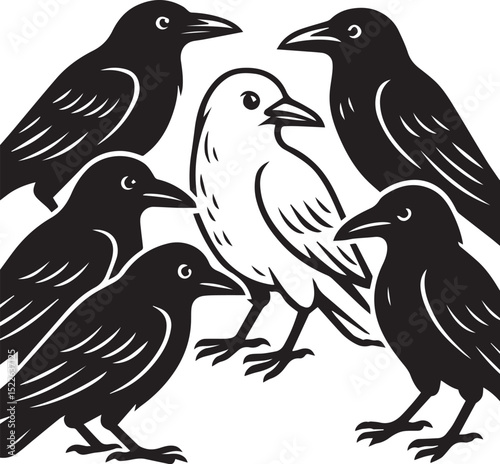rare white crow surrounded by black crows, symbolizing uniqueness, nonconformity, and standing out from the crowd vector illustration