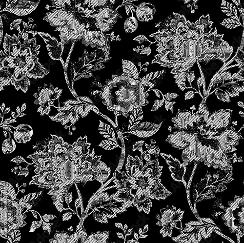 VBeautiful floral pattern in vintage folk style. Hand-drawn flowers, leaves, berries on a dark background. Creative botanical backdrop for prints, wallpapers, fabrics