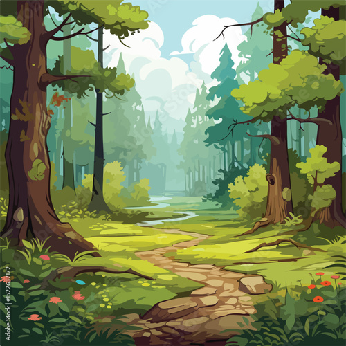 Serene Forest Landscape Vector Illustration with Trees, Path, and Sunlight in EPS Format