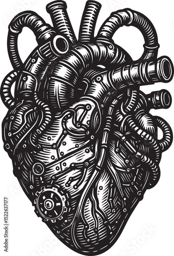 Robotic biomechanical heart with intricate pipes, gears, and tubes, steampunk and futuristic cybernetic aesthetics vector illustration