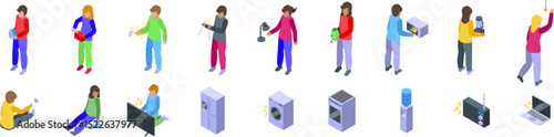 Kids electricity icons set. Children experiencing electric shocks from various household appliances, highlighting electrical safety hazards in isometric view