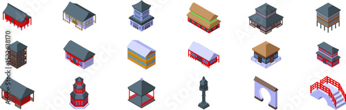 Traditional chinese house icons set. Set of isometric icons representing various traditional asian buildings, showcasing the rich architectural heritage of the east