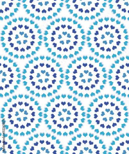 Abstract white background with indigo blue theme mandala hearts circular pattern background used textiles
