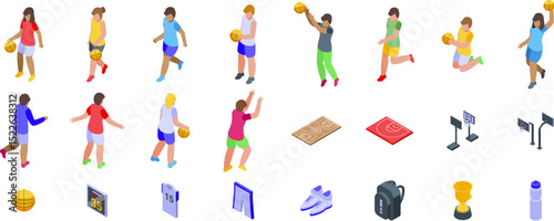 Children playing basketball icons set. Diverse characters engaging in basketball with sports gear and accessories