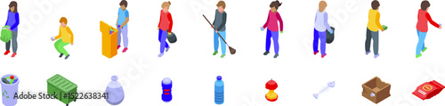 Children collecting trash icons set. Volunteers cleaning environment, collecting garbage, isometric people throwing trash into containers, waste sorting