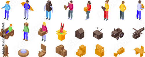 Kids cardboard boxes icons set. Kids engaging in imaginative play, using cardboard boxes to create various objects, fostering creativity and resourcefulness