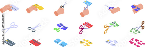 Cutting credit card icons set. Cutting credit cards symbolizes financial responsibility, eliminating debt, and controlling expenses