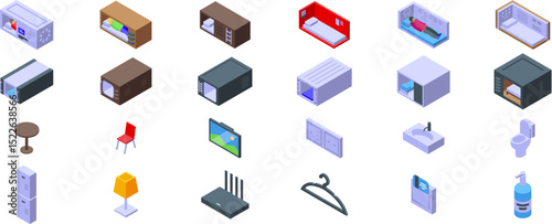 Capsule hotel icons set. Modern capsule hotels offer compact sleeping pods and essential amenities, maximizing space and affordability for travelers seeking a unique lodging experience