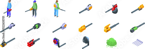 Blower leaves icons set. Gardeners blowing leaves and cleaning green areas with leaf blowers