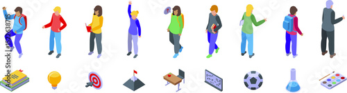 Motivation study icons set. Diverse group of school students engaging in various learning activities, showcasing education, growth, and achievement