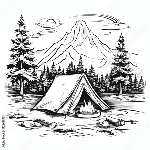 Professional Camping Lifestyle Equipment Black and White Image for Outdoors Enthusiasts