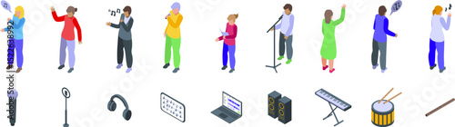 Vocal lessons icons set. Diverse musicians performing with various audio equipment in isometric style