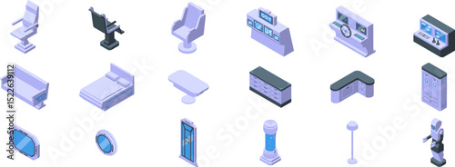 Spaceship interior icons set. Futuristic spaceship interior showcasing furniture and equipment for comfortable and efficient space travel