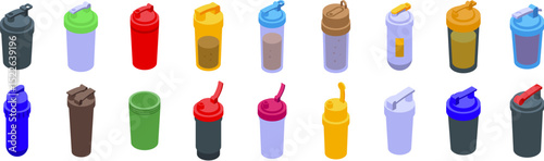 Shaker protein drink icons set. Diverse shaker bottles displayed in multiple colors and styles