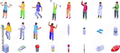 Steroid addiction icons set. Athletes undergoing doping tests with doctors and medical equipment for sports medicine and healthcare