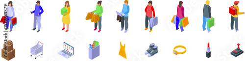 Shopaholism icons set. Shoppers carrying purchases, browsing online, and receiving delivery, depicted with various retail related isometric icons