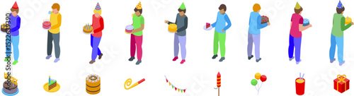 Boy holding birthday cake icons set. Children and adults are enjoying a birthday party with cakes, fireworks, balloons, gifts, and other festive decorations
