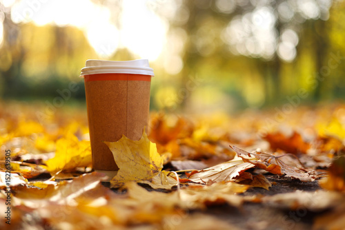 Eco zero waste paper cup take away with hot drink, coffee or tea outdoors in the sunny autumn park. Falling colorful leaves on background. Concept of seasonal warm drinks to go in cold weather.